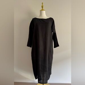 Ines Black Linen 3/4 Sleeve Dress